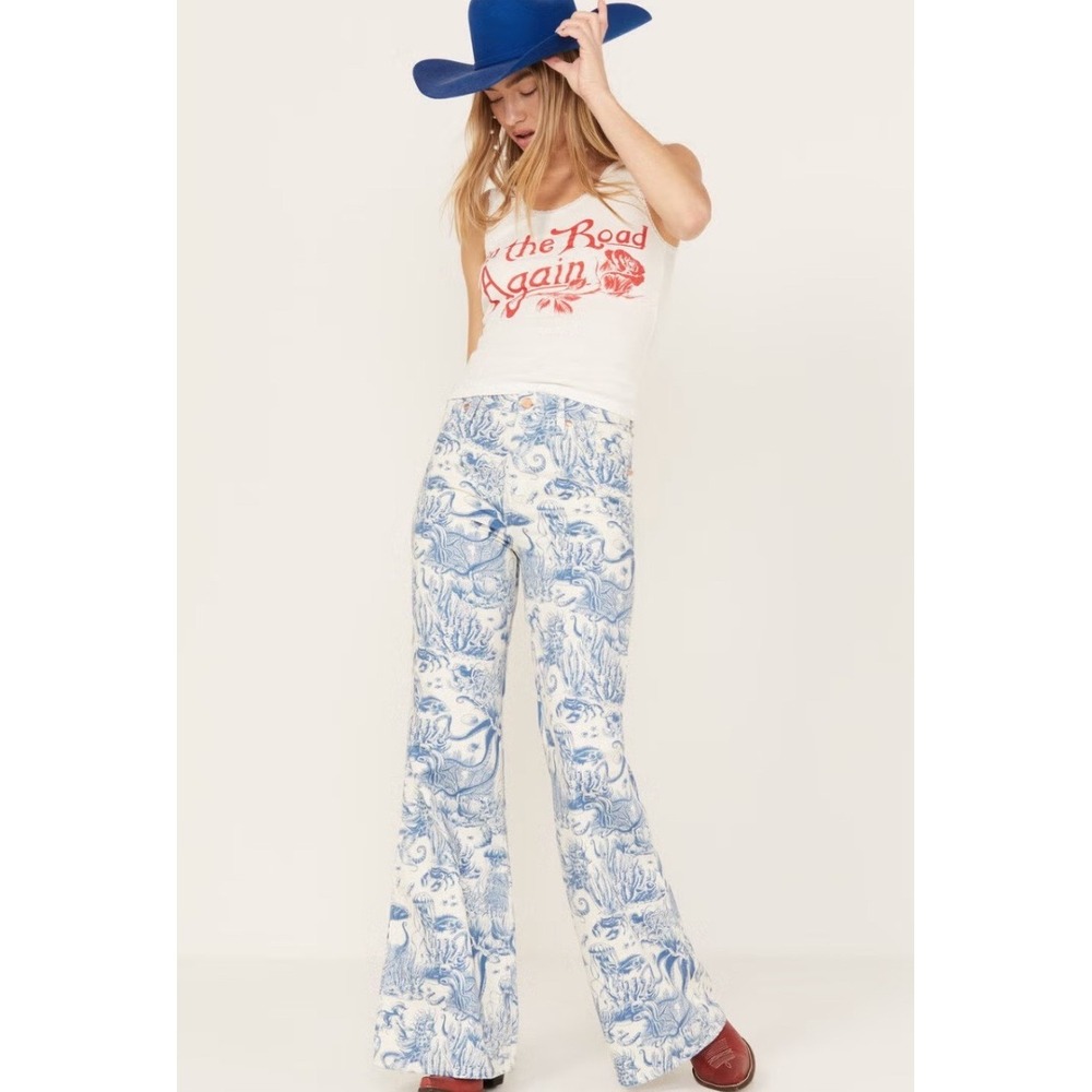 Wrangler Womens Blue White Nautical Toile Print High Rise Flare Jeans 26x32